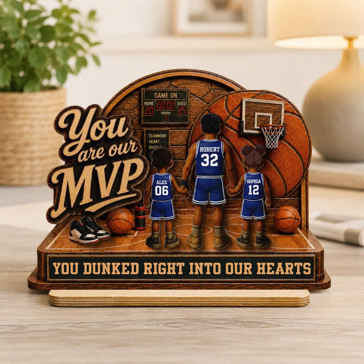 You Are Our MVP Standing Basketball Man & Kids 2D Flat - Personalized Wooden Plaque - Father's Day Gift For Basketball Dad