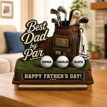 Best Dad By Par Custom Kid Name - Personalized Wooden Plaque - Father's Day Gift For Golf Dad