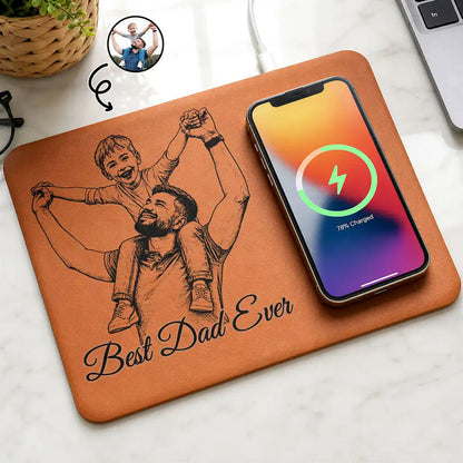 Father's Day Gifts, Custom Photo Pencil Sketch Best Dad Ever - Personalized Leather Charging Mat