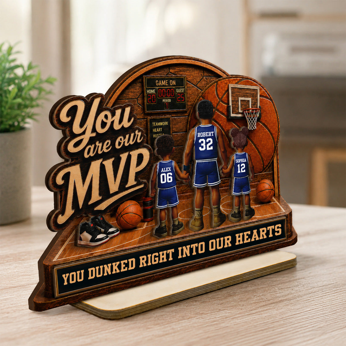 You Are Our MVP Standing Basketball Man & Kids 2D Flat - Personalized Wooden Plaque - Father's Day Gift For Basketball Dad