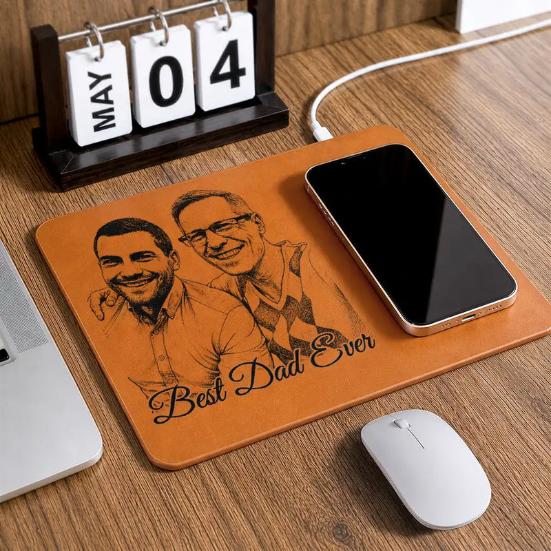 Father's Day Gifts, Custom Photo Pencil Sketch Best Dad Ever - Personalized Leather Charging Mat