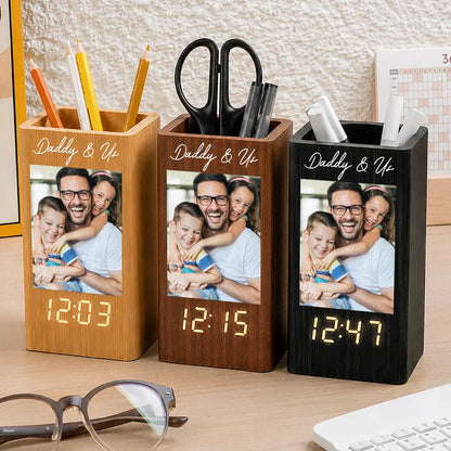Custom Photo Family Portrait Best Grandpa Dad Ever - Personalized Pen Holder With Clock