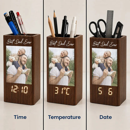 Custom Photo Family Portrait Best Grandpa Dad Ever - Personalized Pen Holder With Clock