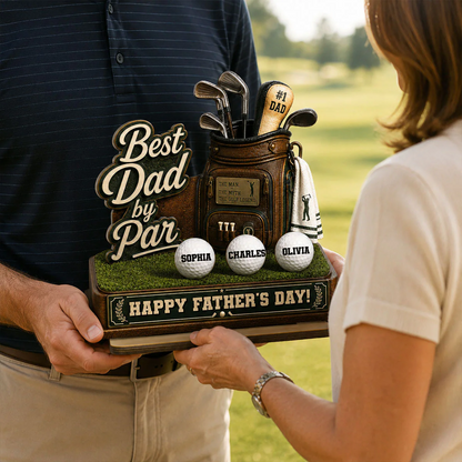 Best Dad By Par Custom Kid Name - Personalized Wooden Plaque - Father's Day Gift For Golf Dad