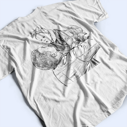 Custom Photo Pencil Sketch Dad Tshirt With Kid's Name, First Time Dad - Personalized T Shirt