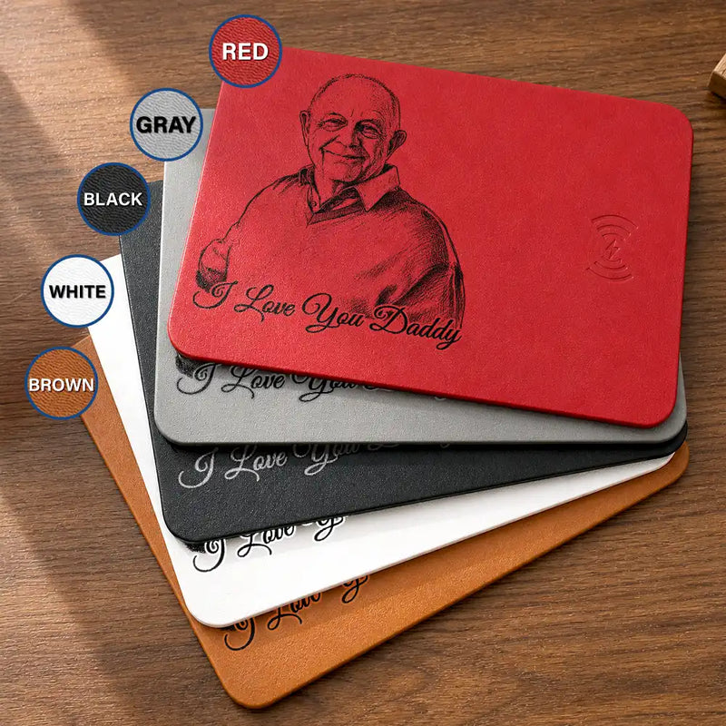 Father's Day Gifts, Custom Photo Pencil Sketch Best Dad Ever - Personalized Leather Charging Mat