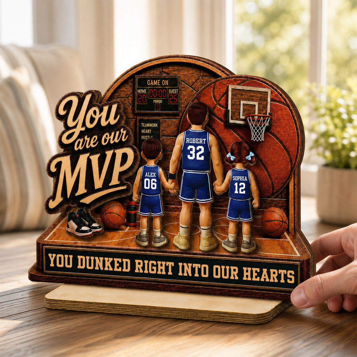You Are Our MVP Standing Basketball Man & Kids 2D Flat - Personalized Wooden Plaque - Father's Day Gift For Basketball Dad