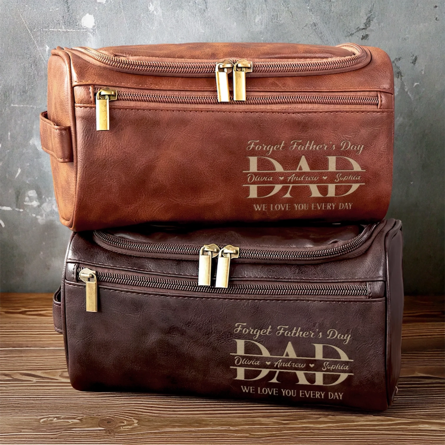 Custom Engraved Leather Toiletry Bag - Personalized Father's Day Birthday Gifts For Dad, Grandpa - Forever Thankful For Dad’s Love
