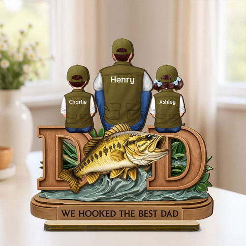Fishing Dad And Kids Sitting Together - Personalized Wooden Plaque - Heartfelt Gift For Dad, Gift For Husband