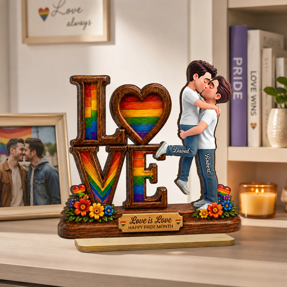 Pride Month Romantic Kissing Couple - Personalized Wooden Plaque - Gift For Couple, Happy Pride Month