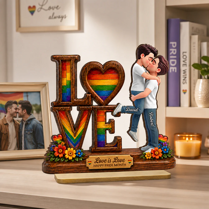 Pride Month Romantic Kissing Couple - Personalized Wooden Plaque - Gift For Couple, Happy Pride Month