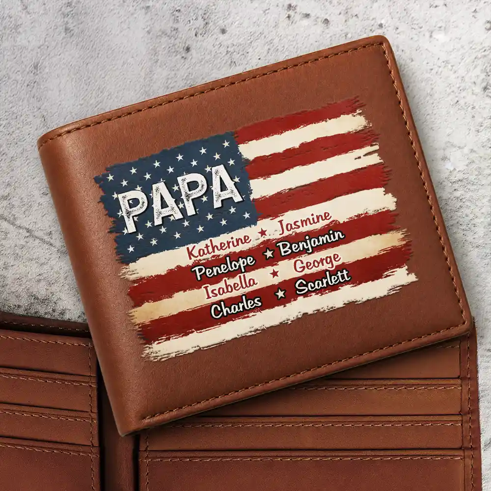 Stars & Stripes US Flag American Dad Grandpa - Personalized Leather Wallet
