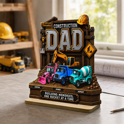 Construction Dad with Kids Names 2D Flat - Personalized Wooden Plaque