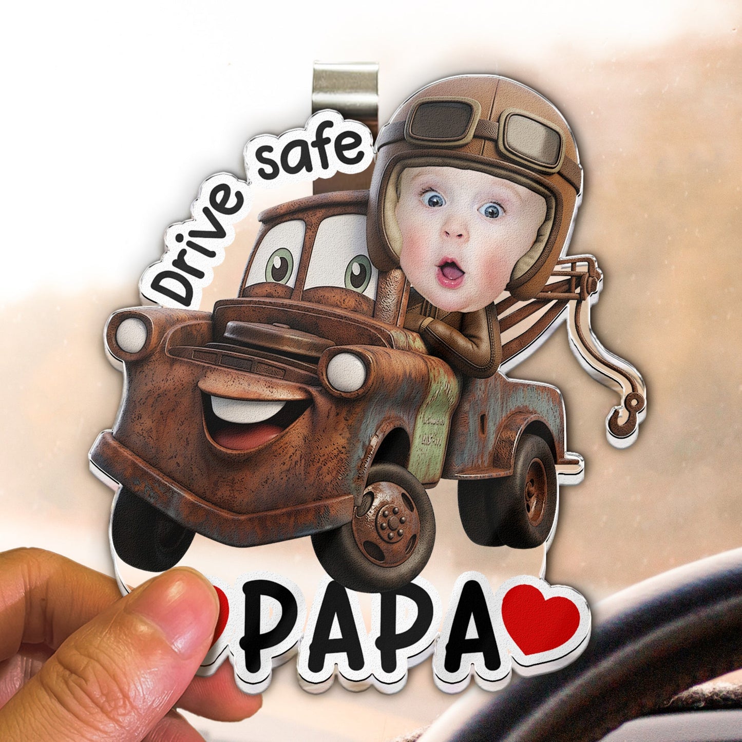 Father's Day Gifts, Drive Safe, Daddy, Papa, Mommy, Grandma - Custom Kids' Face Racing Cars - Personalized Car Visor Clip