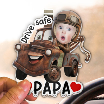 Father's Day Gifts, Drive Safe, Daddy, Papa, Mommy, Grandma - Custom Kids' Face Racing Cars - Personalized Car Visor Clip