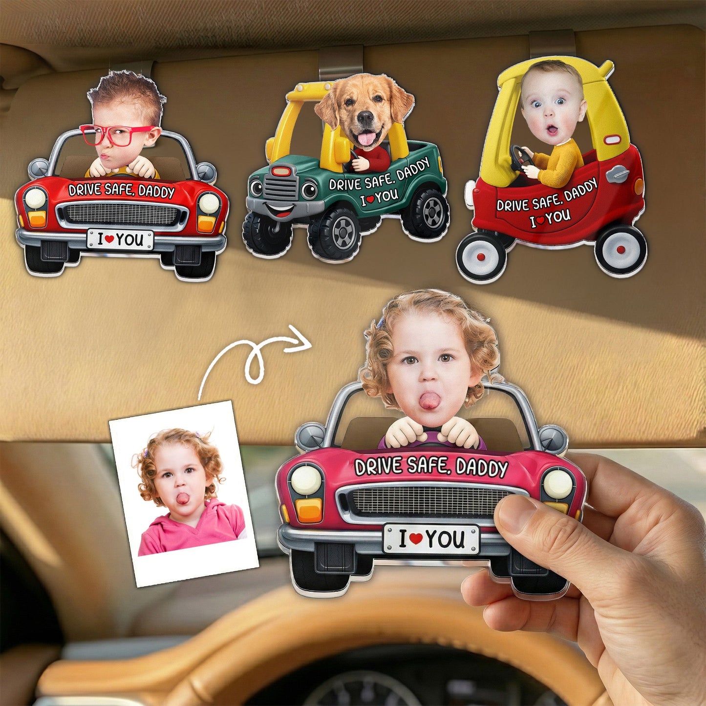 Father's Day Gifts, Drive Safe, Daddy, Papa, Mommy, Uncle - Upload Cute Kid's Photo - Personalized Acrylic Visor Clip