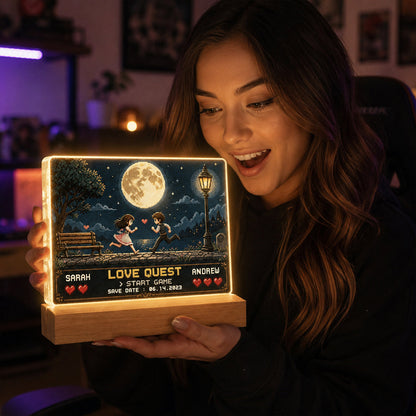 Retro Gamer Couple Love Quest - Personalized Acrylic Block LED Night Light - Anniversary Gift for Him, for Her