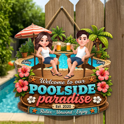 Summer Vibe Welcome To Our Poolside Paradise - Personalized Wood Sign - Gift For Couple, Summer Outdoor Porch, Patio, Bar Decoration