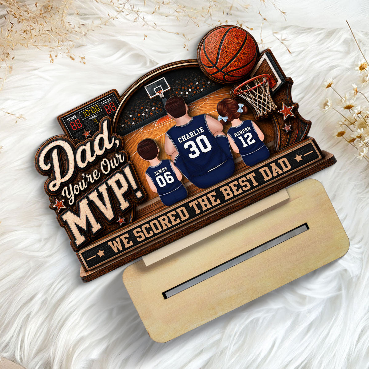 Dad You Are Our MVP Sitting Basketball Man & Kids 2D Flat - Personalized Wooden Plaque - Father's Day Gift For Basketball Dad