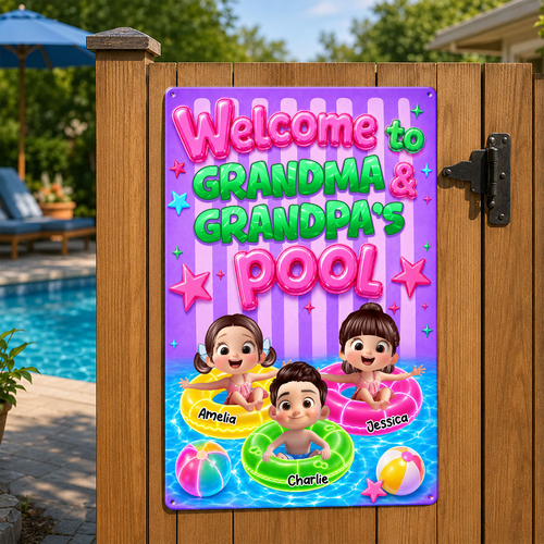 Neon Stripe Summer Welcome to Grandma Grandpa's Pool - Personalized Metal Sign - Trendy Summer Decor