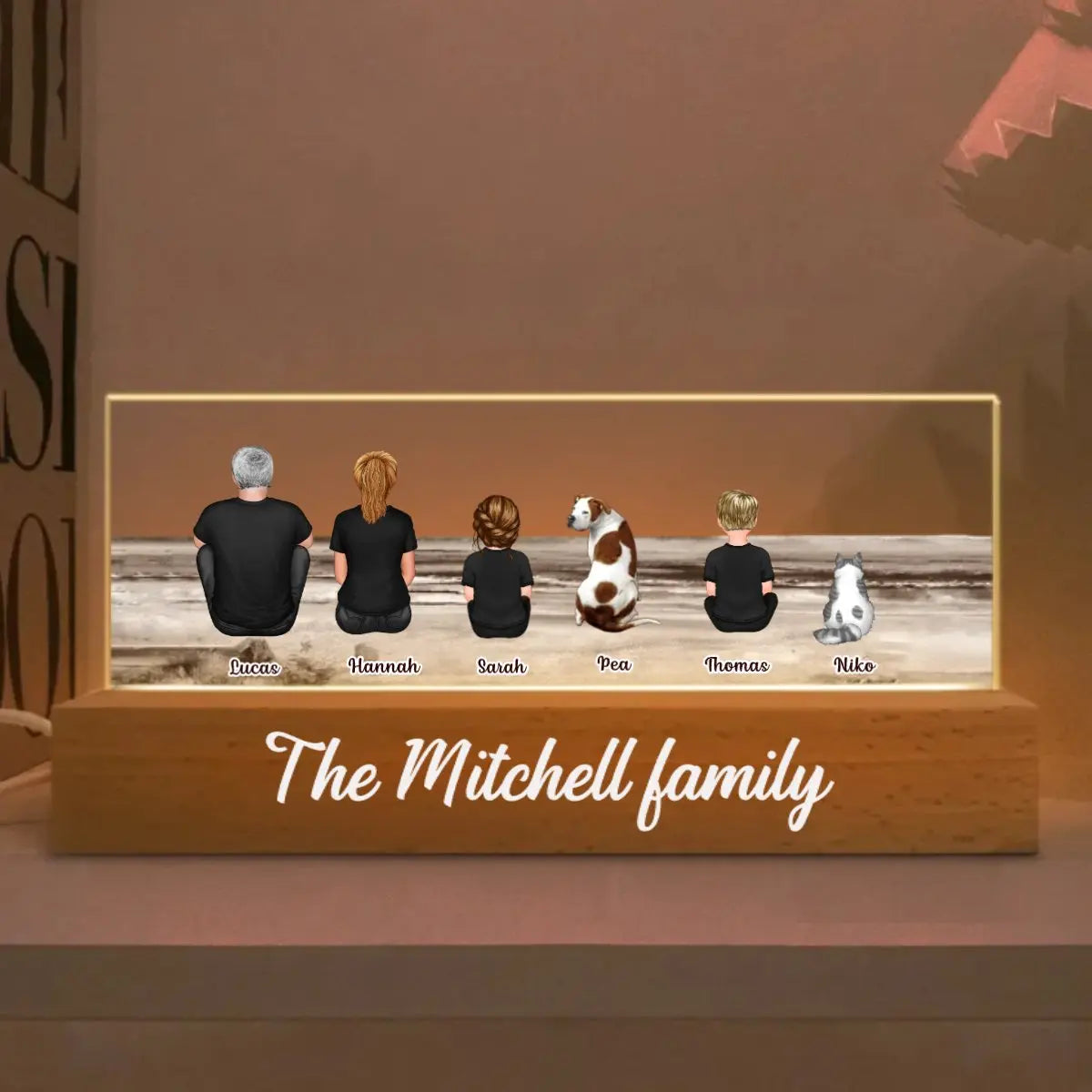 Family - Family Sitting Back View Retro Vintage Beach Landscape - Personalized Acrylic Plaque With LED Night Light