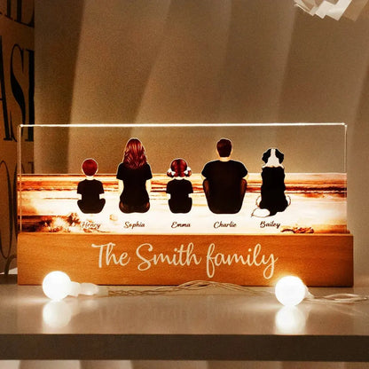 Family - Family Sitting Back View Retro Vintage Beach Landscape - Personalized Acrylic Plaque With LED Night Light
