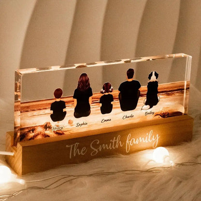 Family - Family Sitting Back View Retro Vintage Beach Landscape - Personalized Acrylic Plaque With LED Night Light