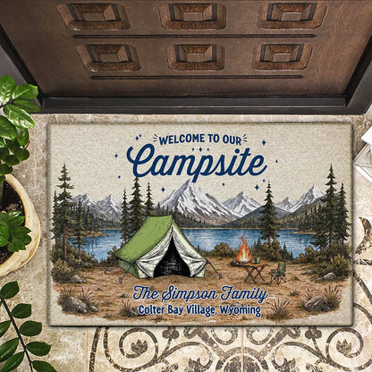 Family Welcome To Our Campsite - Personalized Doormat