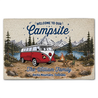 Family Welcome To Our Campsite - Personalized Doormat
