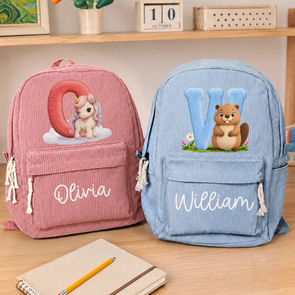 Faux Embroidery Effect Chenille Animal & Alphabet Letters - Personalized Corduroy Backpack
