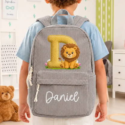 Faux Embroidery Effect Chenille Animal & Alphabet Letters - Personalized Corduroy Backpack