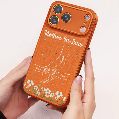 Faux Pressed Flower Mom And Children Holding Hands - Personalized Leather Phone Case