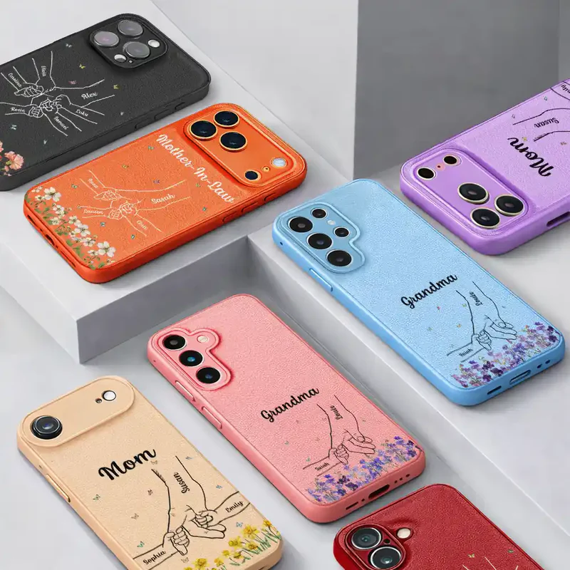 Faux Pressed Flower Mom And Children Holding Hands - Personalized Leather Phone Case