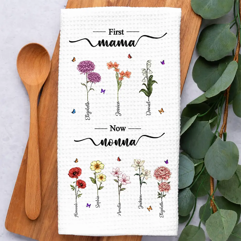 First Mom Now Grandma Birth Flowers - Personalized Kitchen Towel