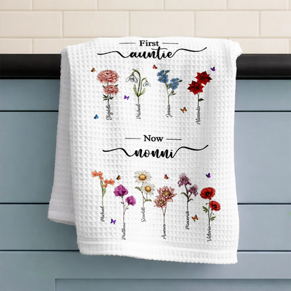 First Mom Now Grandma Birth Flowers - Personalized Kitchen Towel