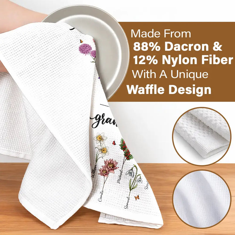 First Mom Now Grandma Birth Flowers - Personalized Kitchen Towel