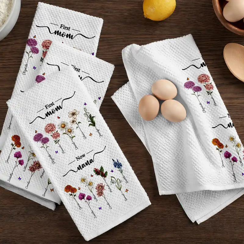 First Mom Now Grandma Birth Flowers - Personalized Kitchen Towel