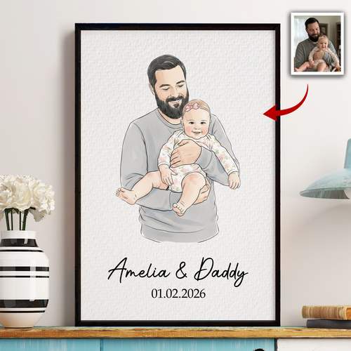 Father's Day Gifts, First Father's Day Gift For Dad, Husband Custom Photo Watercolor Art - Personalized Poster