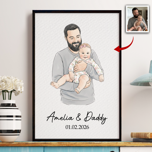 Father's Day Gifts, First Father's Day Gift For Dad, Husband Custom Photo Watercolor Art - Personalized Poster