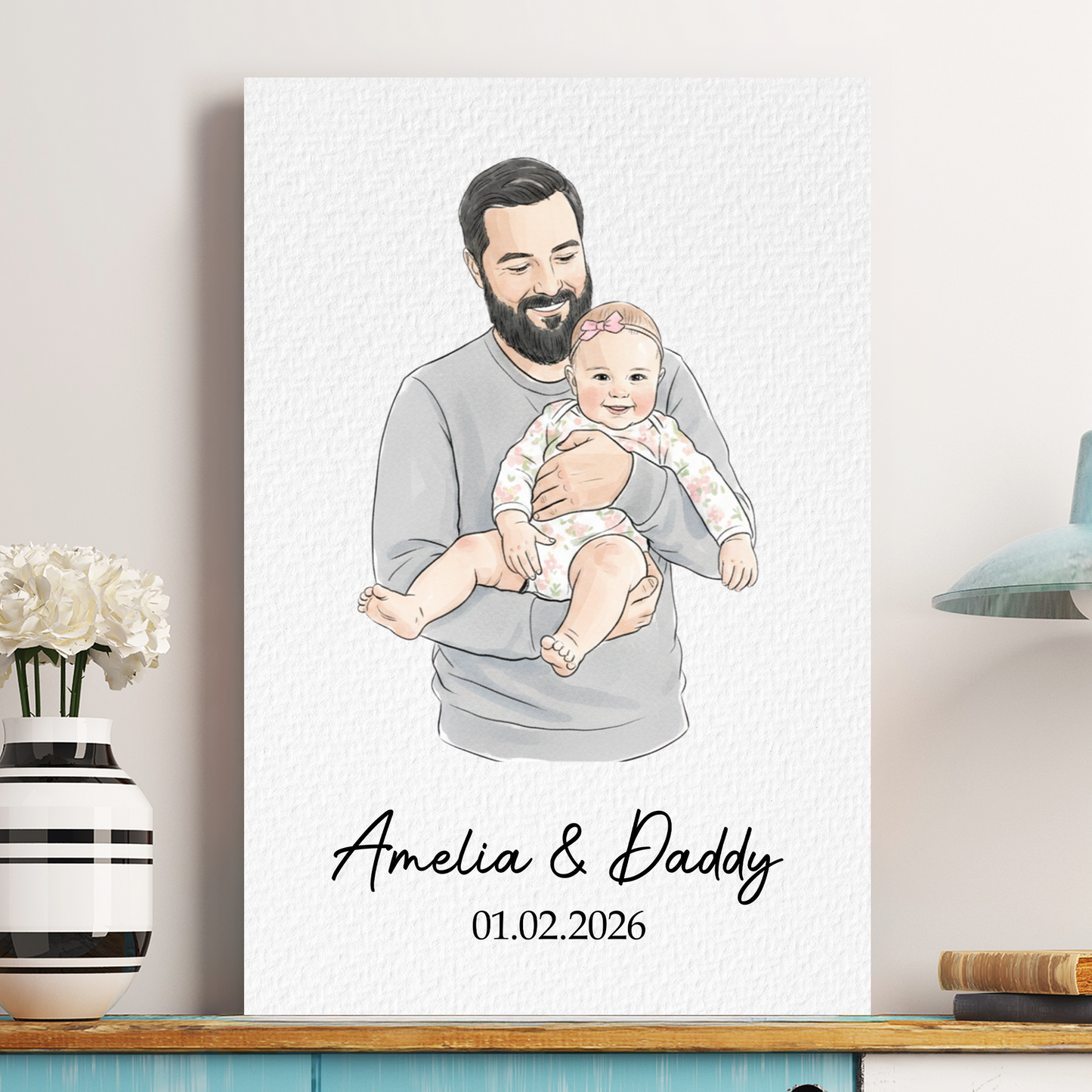 Father's Day Gifts, First Father's Day Gift For Dad, Husband Custom Photo Watercolor Art - Personalized Poster