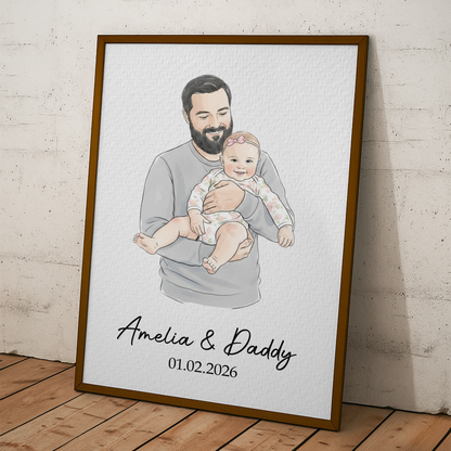 Father's Day Gifts, First Father's Day Gift For Dad, Husband Custom Photo Watercolor Art - Personalized Poster
