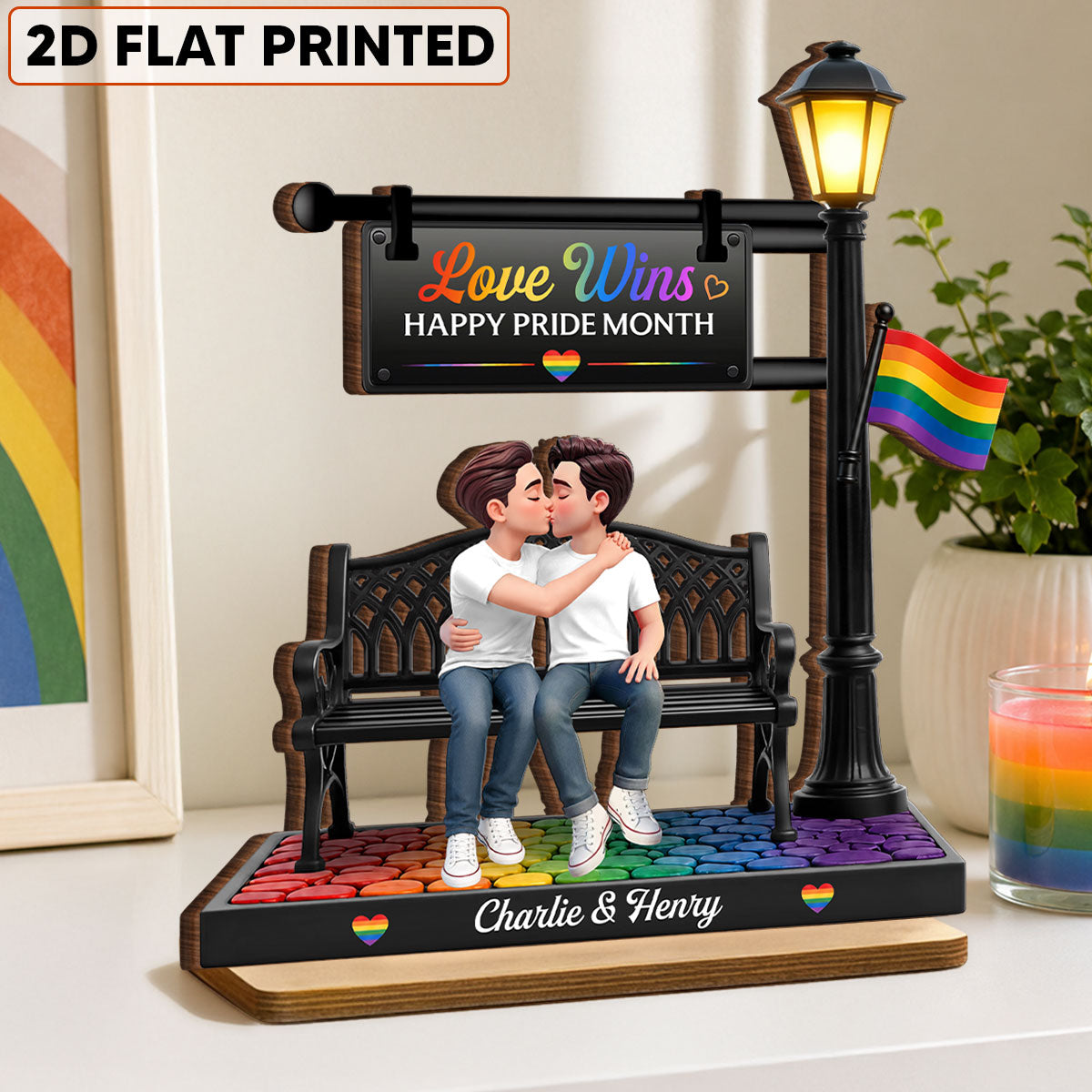 LGBT+ Couple Sitting On Bench Under Lamp Post - Personalized Wooden Plaque - Gift For Couple, Happy Pride Month