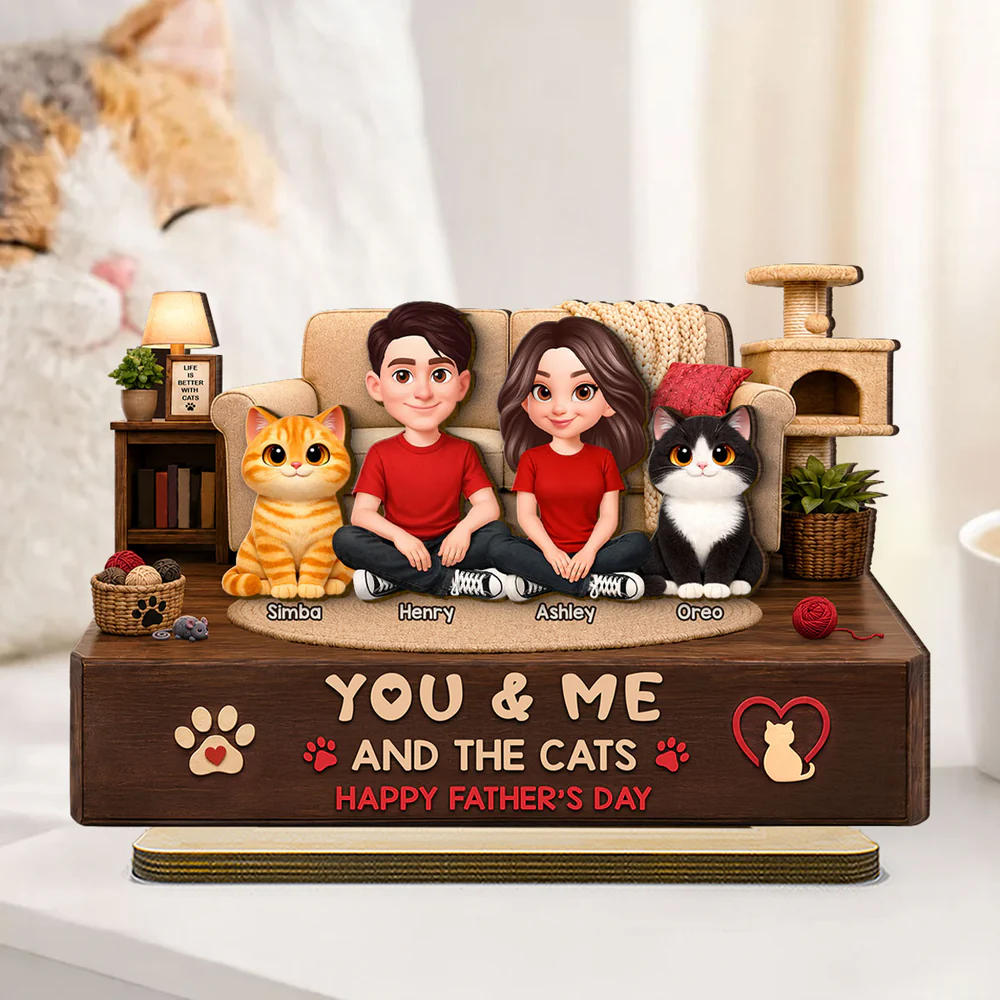 You & Me And The Cats Cozy Room 2D Flat - Personalized Wooden Plaque - Father's Day Gift For Cat Dad