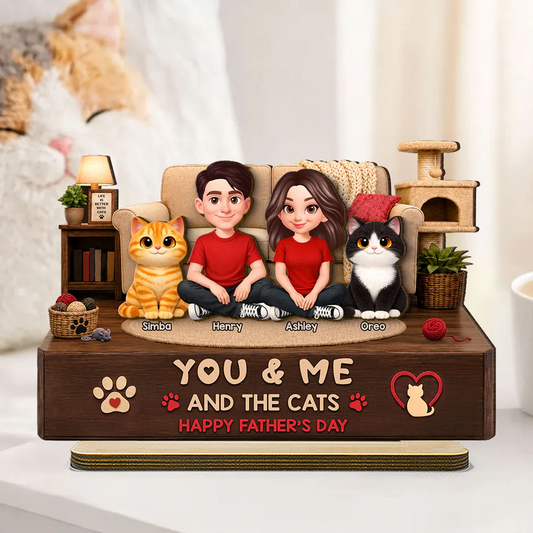You & Me And The Cats Cozy Room 2D Flat - Personalized Wooden Plaque - Father's Day Gift For Cat Dad
