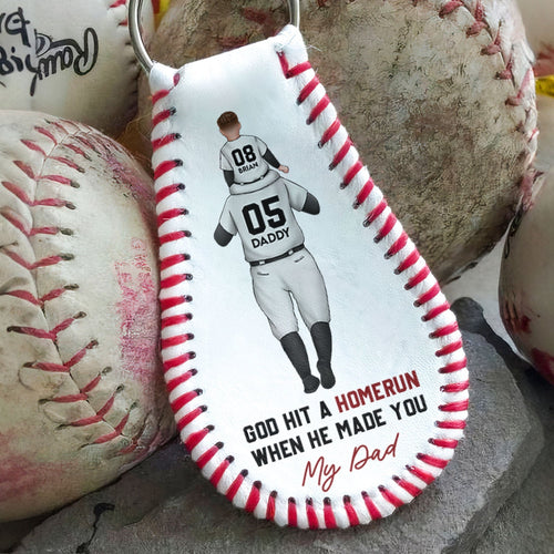 Father's Day Gifts, God Hit A Homerun When He Made You My Dad - Personalized Leather Baseball Keychain
