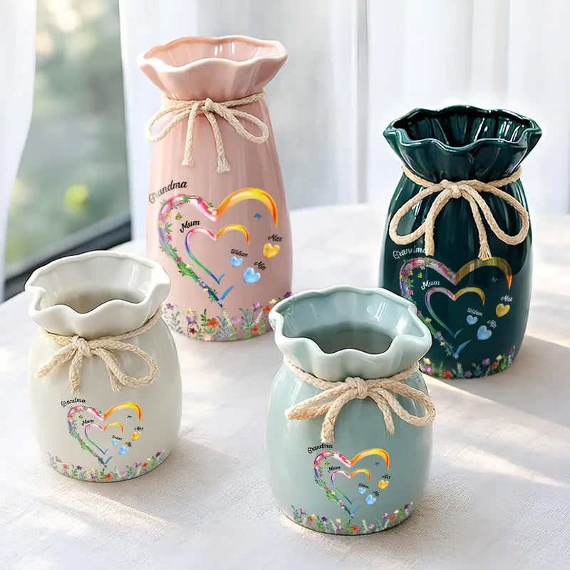 Grandma Mom Sweethearts 3D Effect Faux Ceramic Glaze - Personalized Ribbon Tie Flower Vase