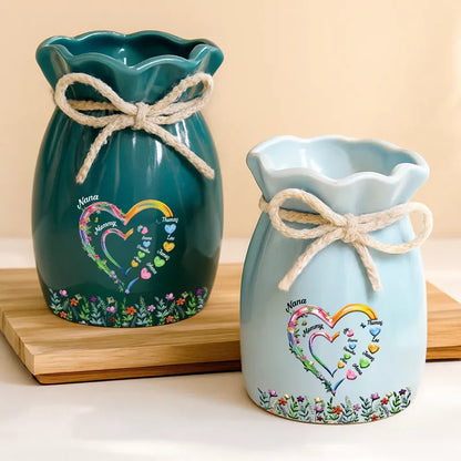 Grandma Mom Sweethearts 3D Effect Faux Ceramic Glaze - Personalized Ribbon Tie Flower Vase