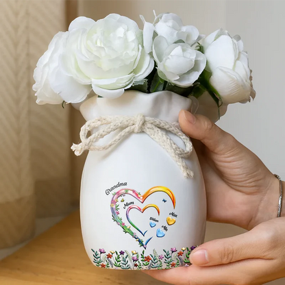 Grandma Mom Sweethearts 3D Effect Faux Ceramic Glaze - Personalized Ribbon Tie Flower Vase