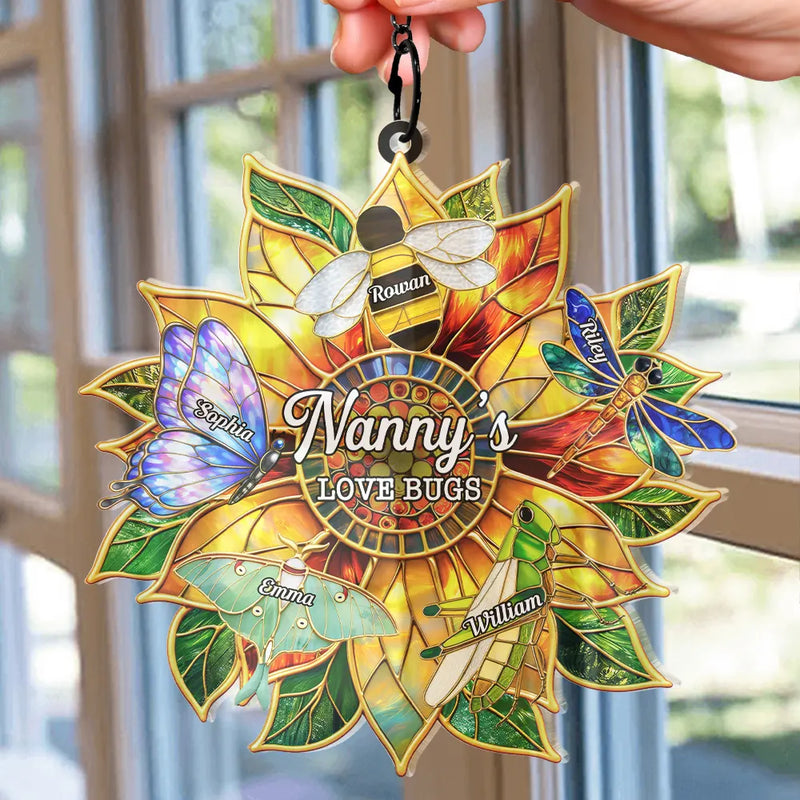 Grandma's Love Bugs Stained Glass Effect - Personalized Window Hanging Suncatcher Ornament