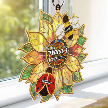 Grandma's Love Bugs Stained Glass Effect - Personalized Window Hanging Suncatcher Ornament